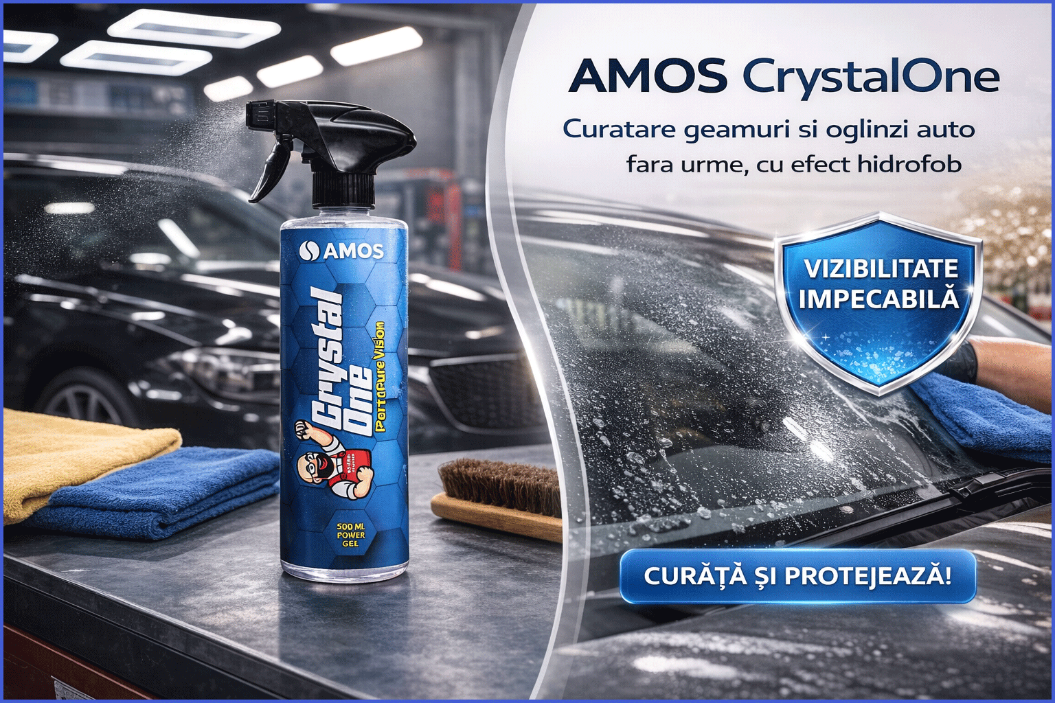 Gel curatare geamuri si oglinzi auto AMOS Crystal One,tip pulverizator, efect hidrofob, fara urme, vizibilitate maxima, cantitate 500 ml