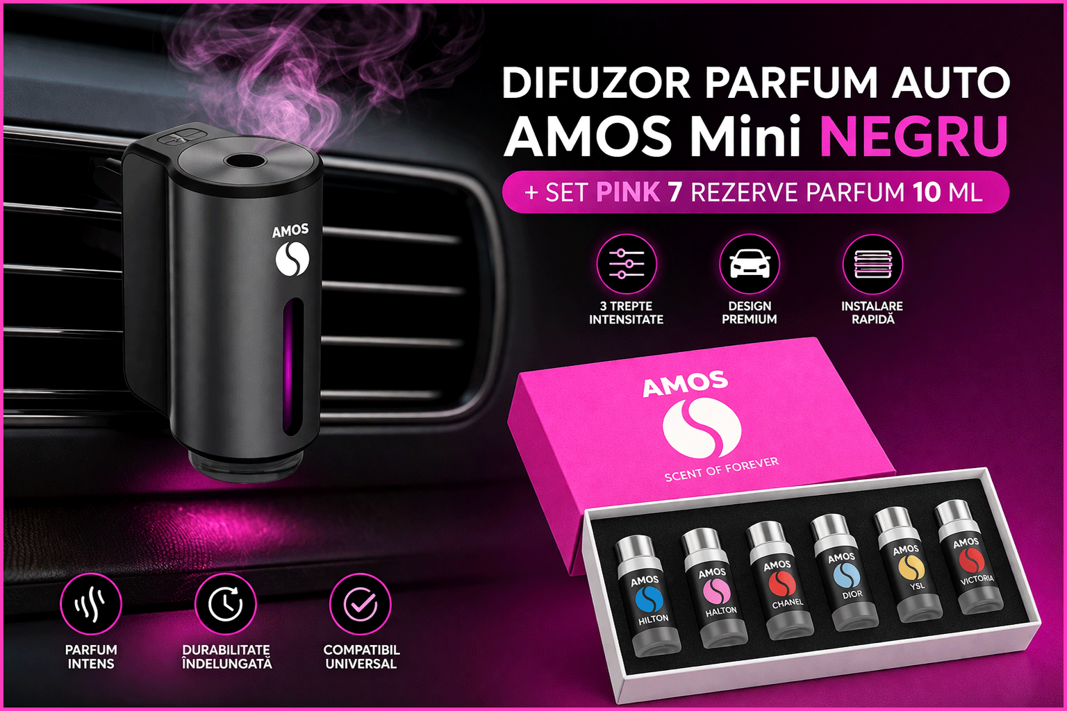 Difuzor parfum auto AMOS Mini Negru, 1 set rezerve parfum 7 arome PINK, odorizant inteligent, arome intense, 3 trepte intensitate