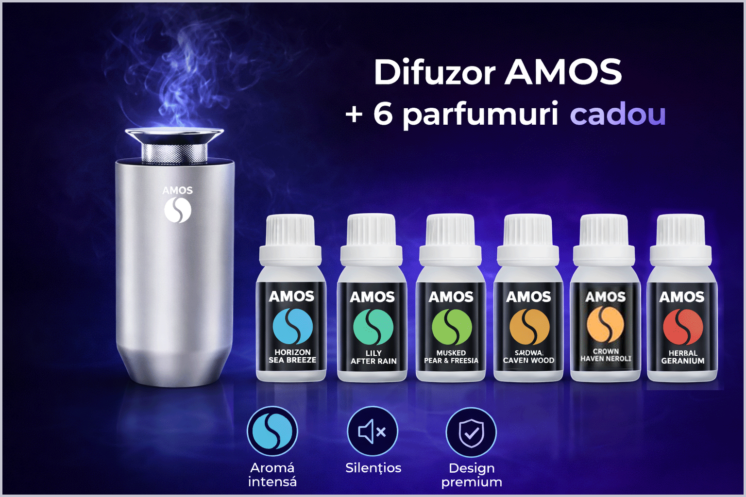 Difuzor parfum auto AMOS ONE, 6 arome, odorizant inteligent, arome intense, 3 trepte intensitate, Autonomie mare