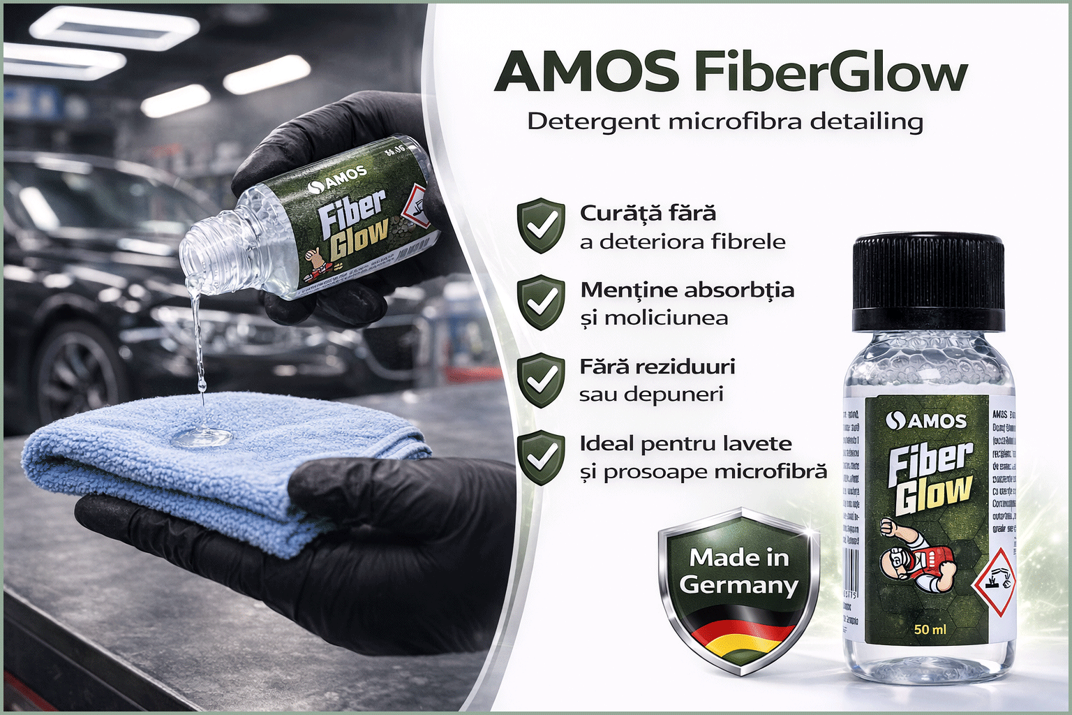 Detergent prosoape microfibra AMOS FiberGlow, solutie curatare lavete detailing, fara reziduuri, mentine absorbtia, cantitate 50 ml