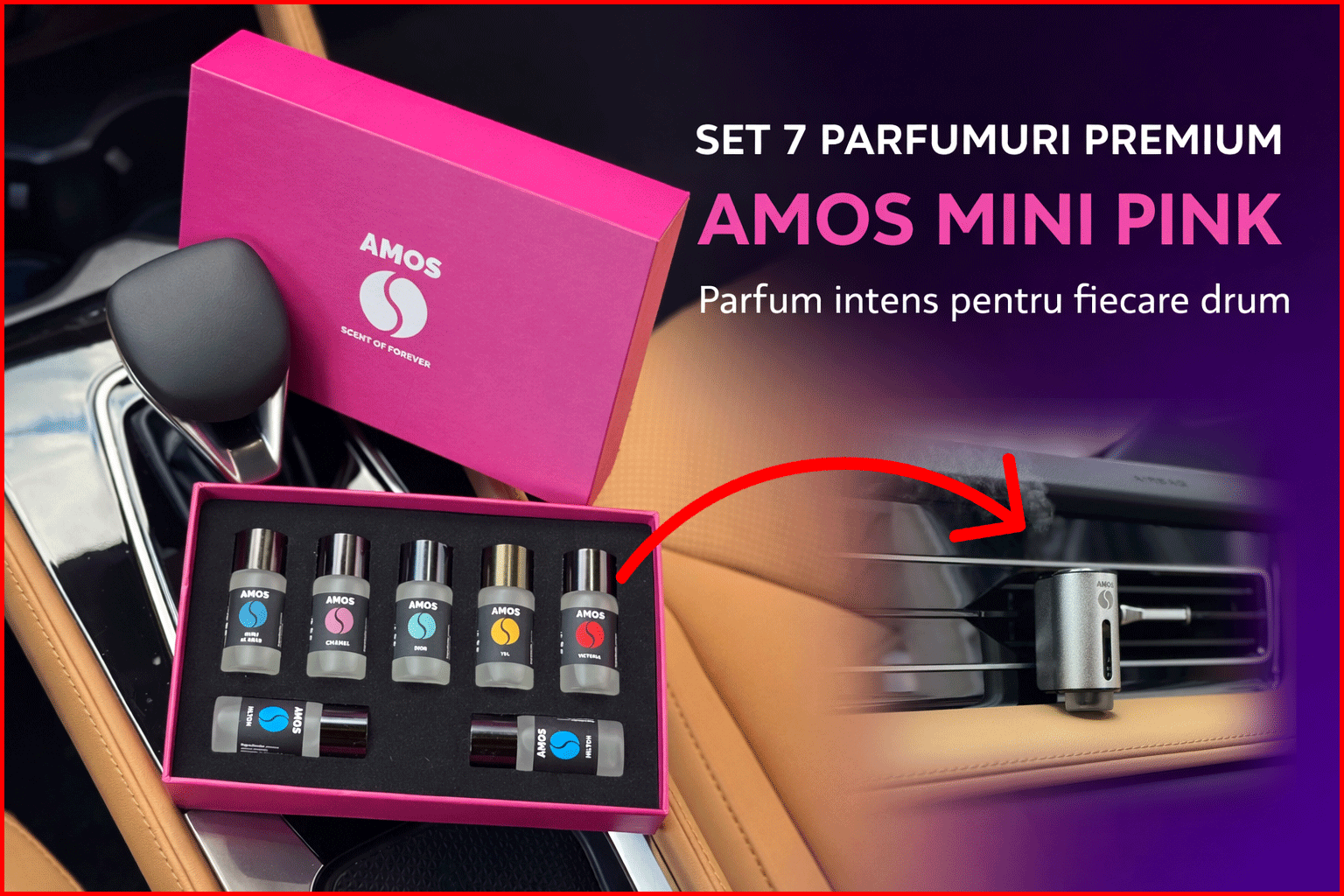 Set Parfumuri Auto AMOS Mini Pink, 7 Arome Premium 10ml, Rezerve Difuzor Auto, Persistență &Icirc;ndelungată