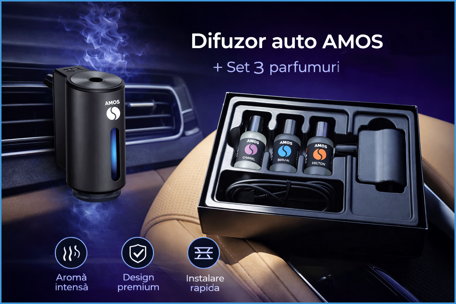Difuzor parfum auto AMOS Mini Negru, 3 rezerve parfum, odorizant inteligent, arome intense, 3 trepte intensitate