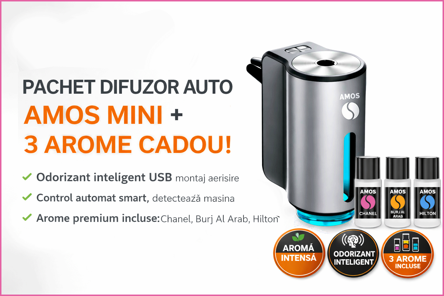 Difuzor Parfum Auto AMOS Mini Gri, 3 Arome Incluse Cadou, Odorizant Inteligent, USB, Parfum Intens, Design Premium