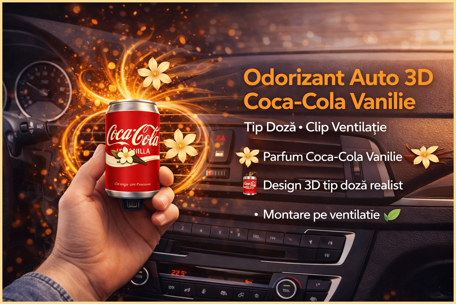 Odorizant Auto 3D Coca Cola Vanilie, Tip Doza, Clip Ventilatie, Parfum Intens și Persistent, Design Realist, Vegan Friendly Odorizant Auto 3D Coca Cola Vanilie, Tip Doza, Clip Ventilatie, Parfum Intens și Persistent, Design Realist, Vegan Friendly