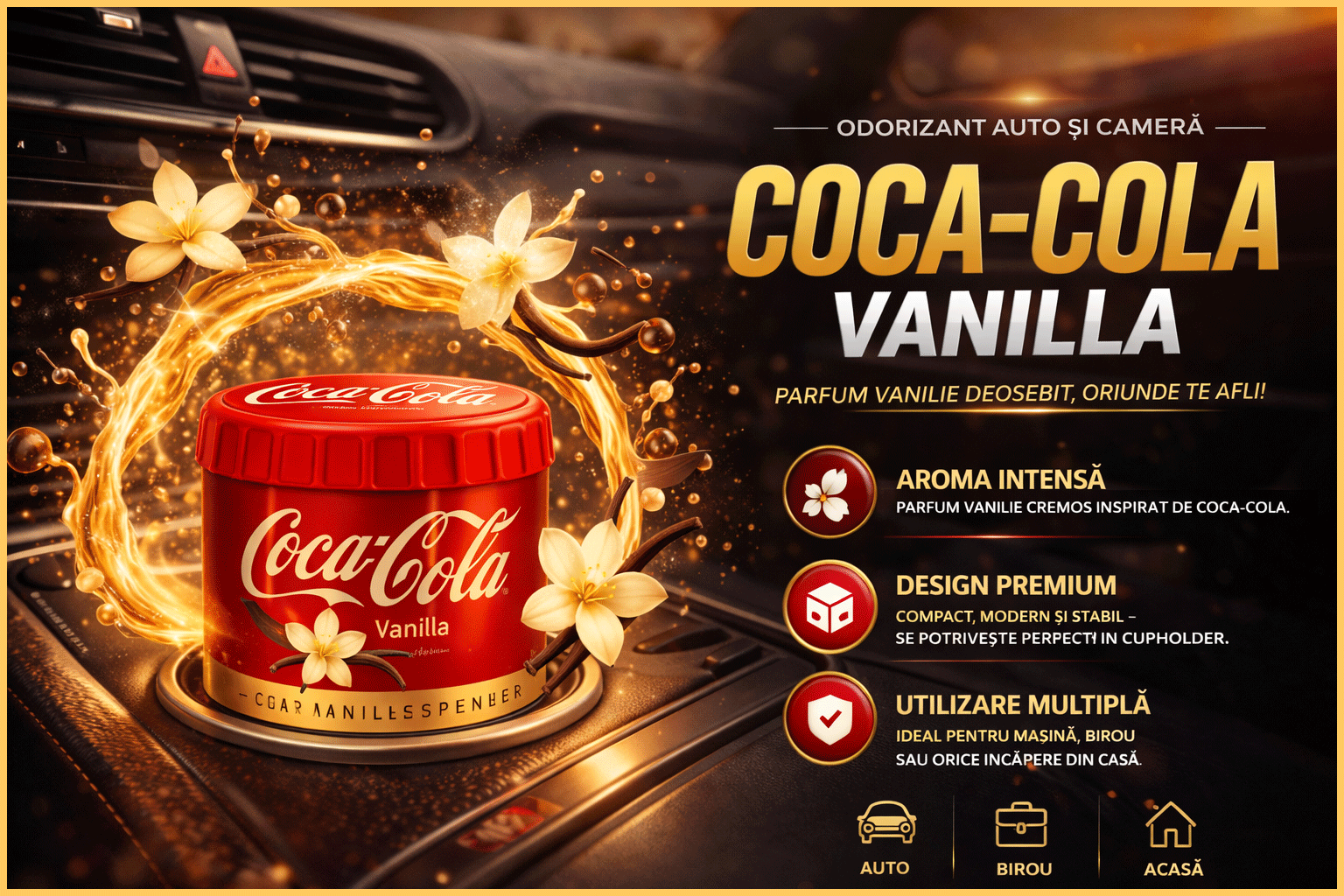 Odorizant Auto 3D Coca Cola Vanilie, Tip conserva, Cupholder, Parfum Intens și Persistent, Design Realist, Vegan Friendly, ideal pentru masina birou casa, 4x Stickere auto Odorizant Auto 3D Coca Cola Vanilie, Tip conserva, Cupholder, Parfum Intens și Persistent, Design Realist, Vegan Friendly, ideal pentru masina birou casa, 4x Stickere auto