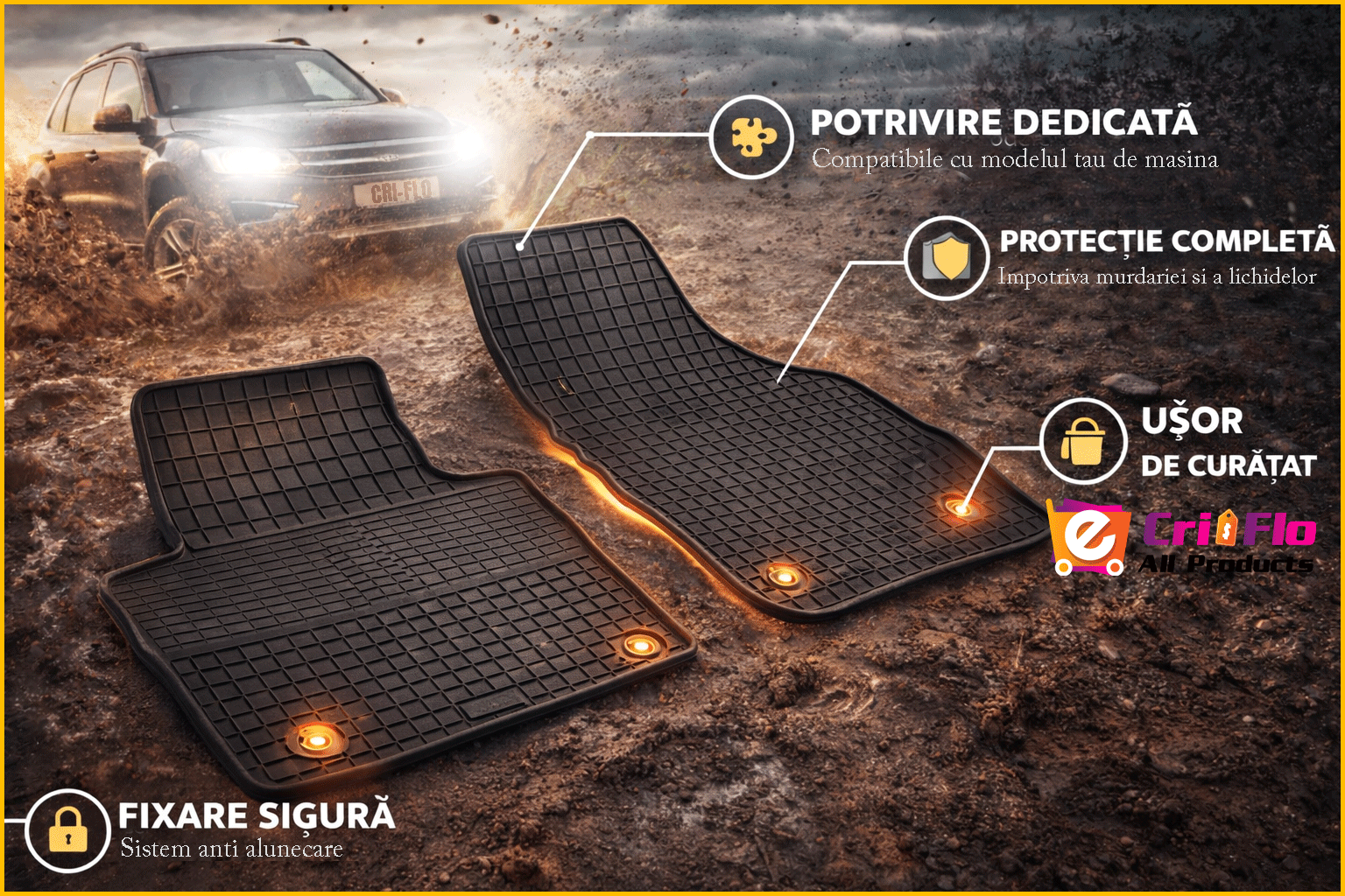 Set covorase presuri Volkswagen GOLF VII din 2012-2019, auto, CRI-FLO, din cauciuc thermoplastic, 4 Stickere auto cu Volkswagen