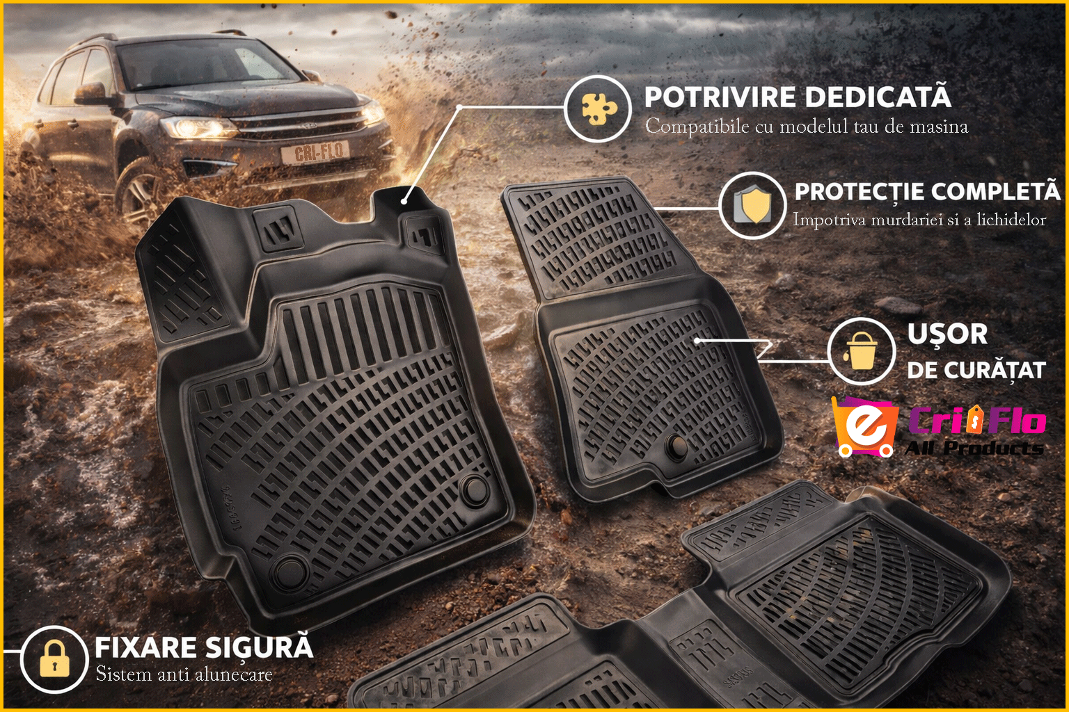 Set covorase presuri OPEL CORSA E din 2014-2019, auto, CRI-FLO, din cauciuc thermoplastic, 4 Stickere auto cu OPEL