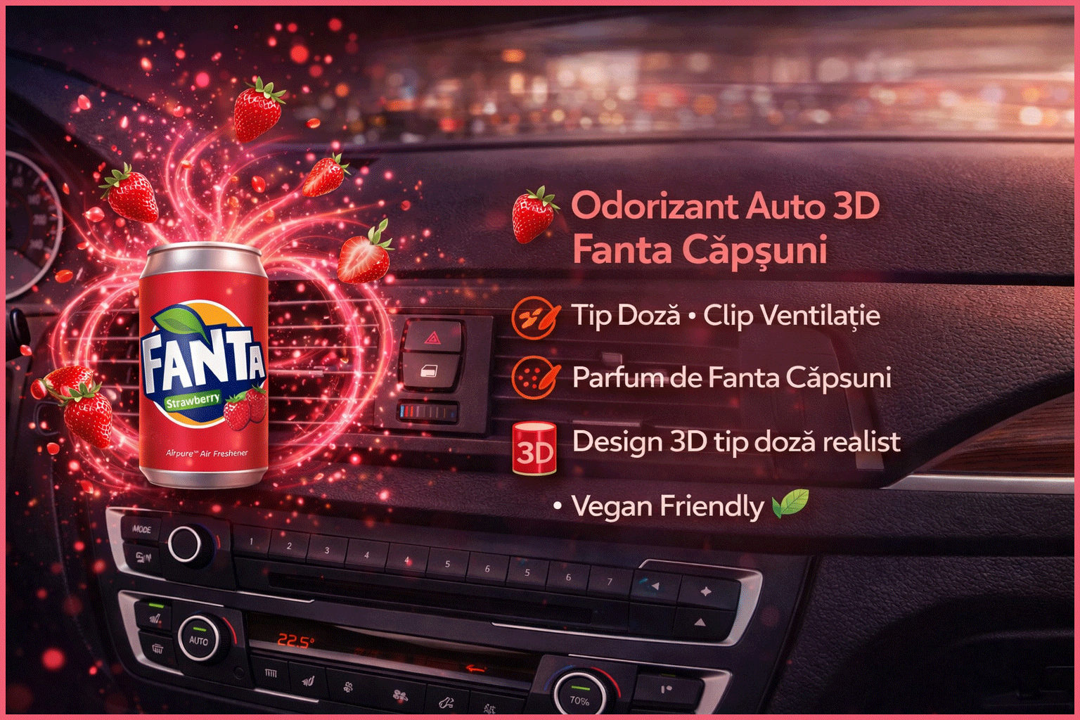 Odorizant Auto 3D Fanta Capsuni, Tip Doza, Clip Ventilatie, Parfum Intens și Persistent, Design Realist, Vegan Friendly Odorizant Auto 3D Fanta Capsuni, Tip Doza, Clip Ventilatie, Parfum Intens și Persistent, Design Realist, Vegan Friendly