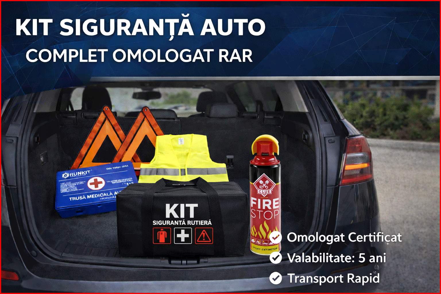Kit Trusa siguranta rutiera auto, Omologat R.A.R, Valabilitate 5 ani, 1x Extinctor tip spray, 1x Trusa Medicala, 2x Triunghiuri,1x Geanta depozitare neagra, 4x Stickere auto Zaz