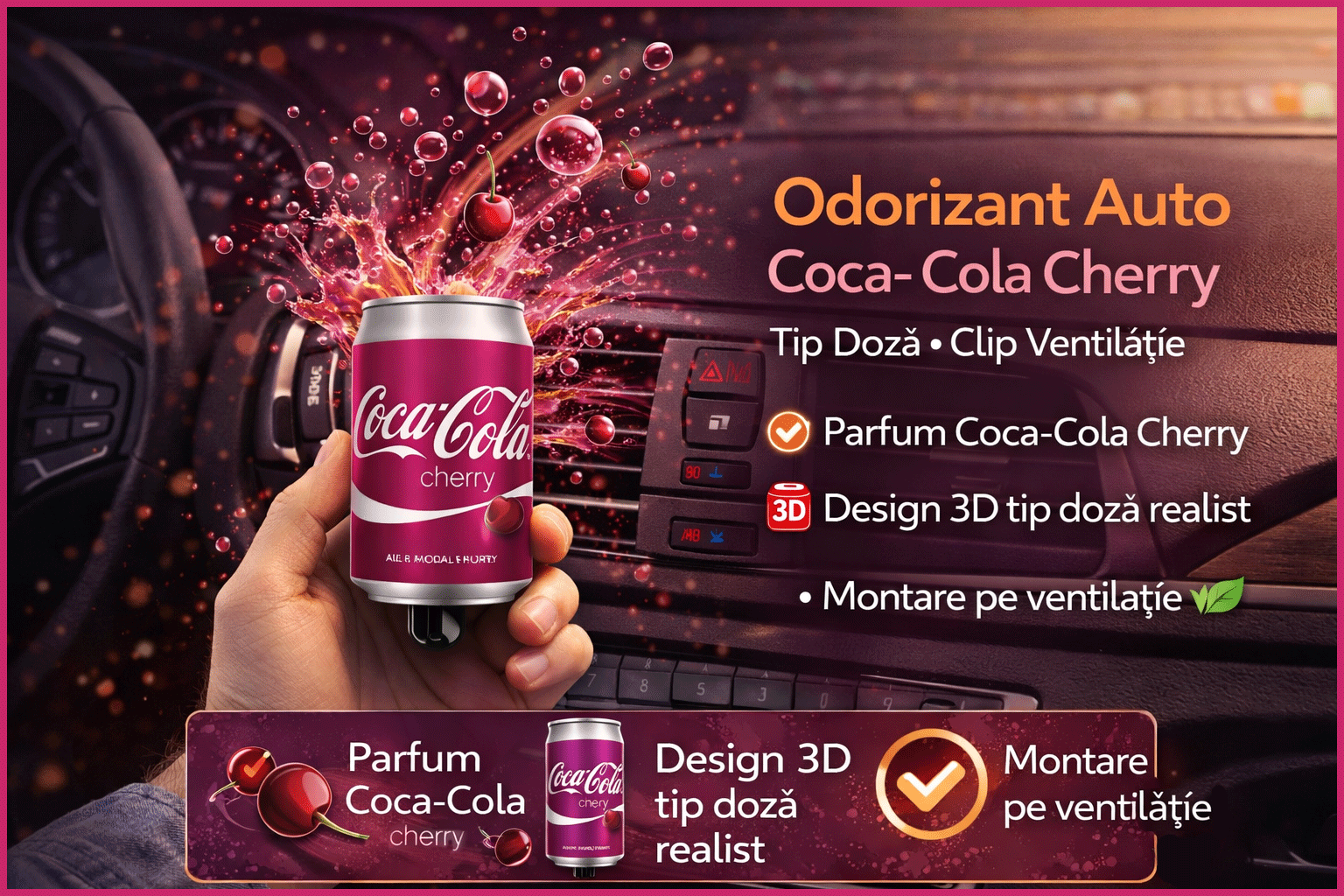 Odorizant Auto 3D Coca Cola Cherry, Tip Doza, Clip Ventilatie, Parfum Intens și Persistent, Design Realist, Vegan Friendly Odorizant Auto 3D Coca Cola Cherry, Tip Doza, Clip Ventilatie, Parfum Intens și Persistent, Design Realist, Vegan Friendly