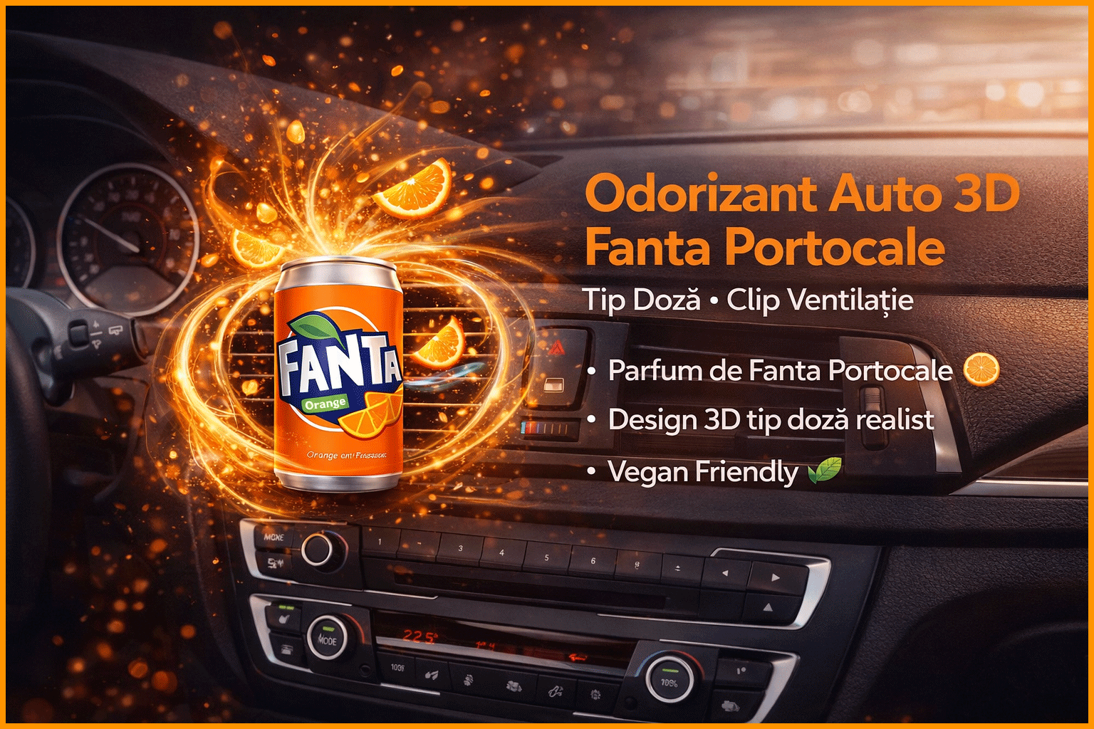 Odorizant Auto 3D Fanta Portocale, Tip Doza, Clip Ventilatie, Parfum Intens și Persistent, Design Realist, Vegan Friendly Odorizant Auto 3D Fanta Portocale, Tip Doza, Clip Ventilatie, Parfum Intens și Persistent, Design Realist, Vegan Friendly