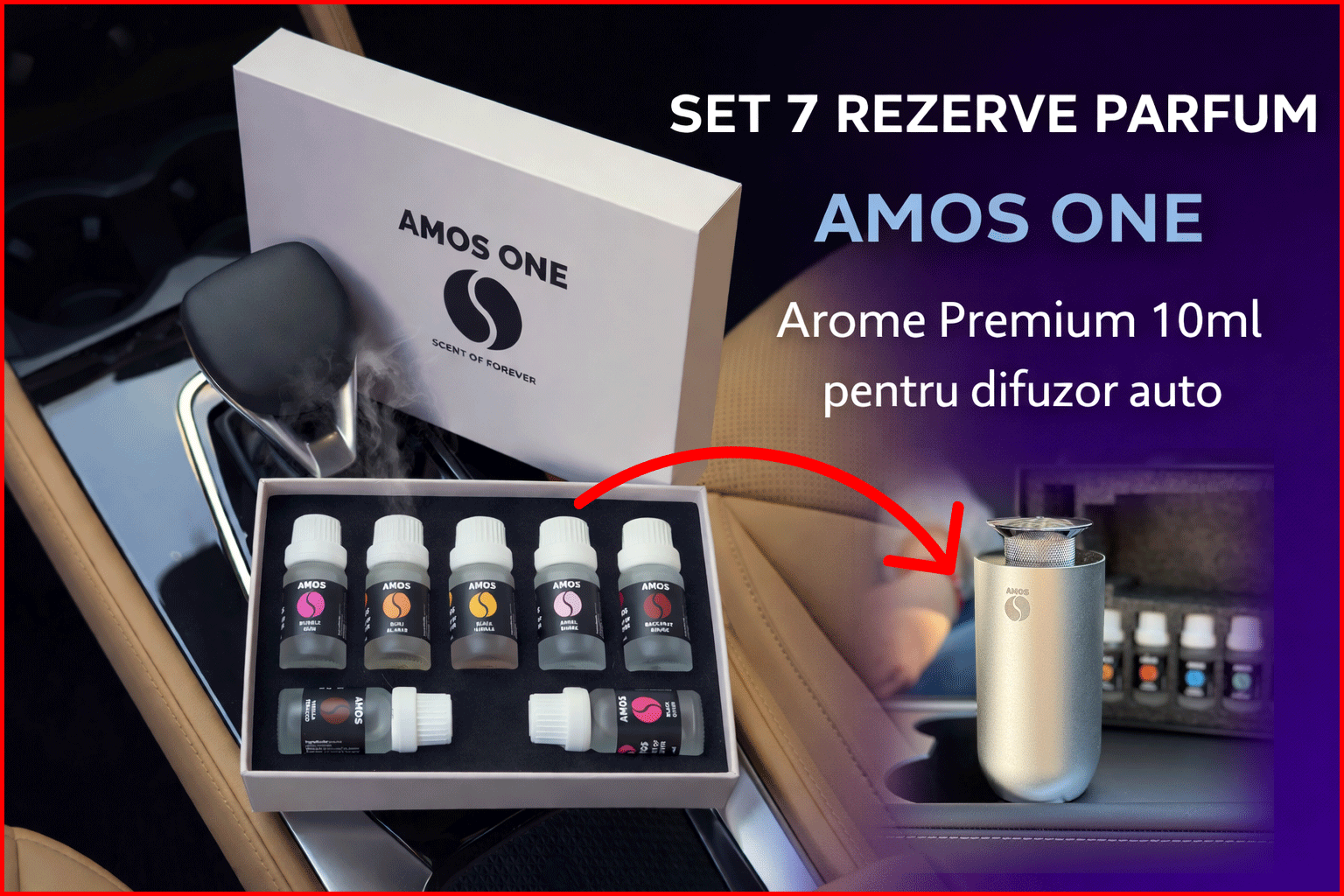 Set Parfumuri Auto AMOS One White, 7 Arome Premium 10ml, Rezerve Difuzor Auto, Persistență Îndelungată