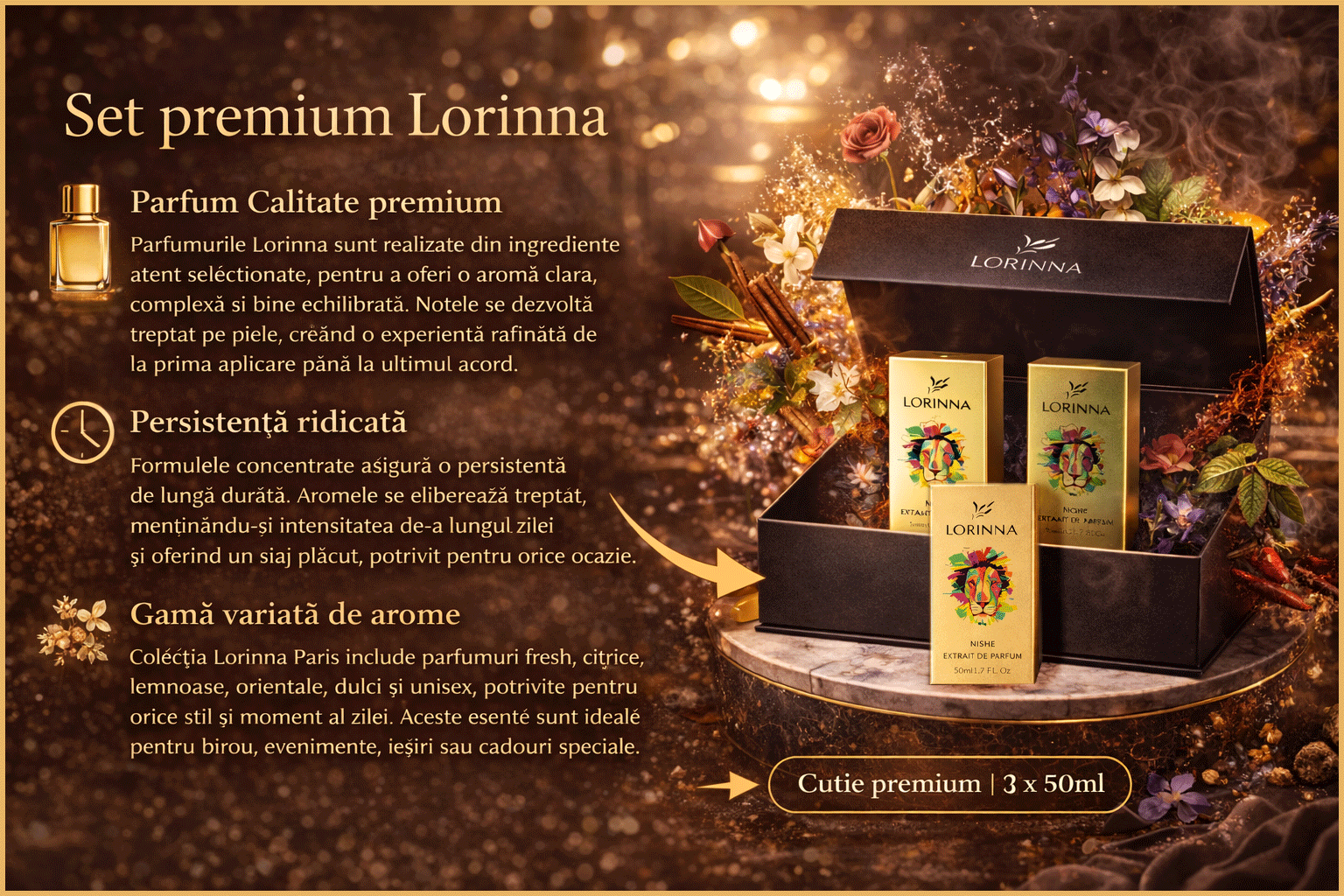 Set parfum Lorinna Paris Arabian Interlude & Angel Share & Caramello, 3 x 50 ml, Cutie cadouri parfum premium