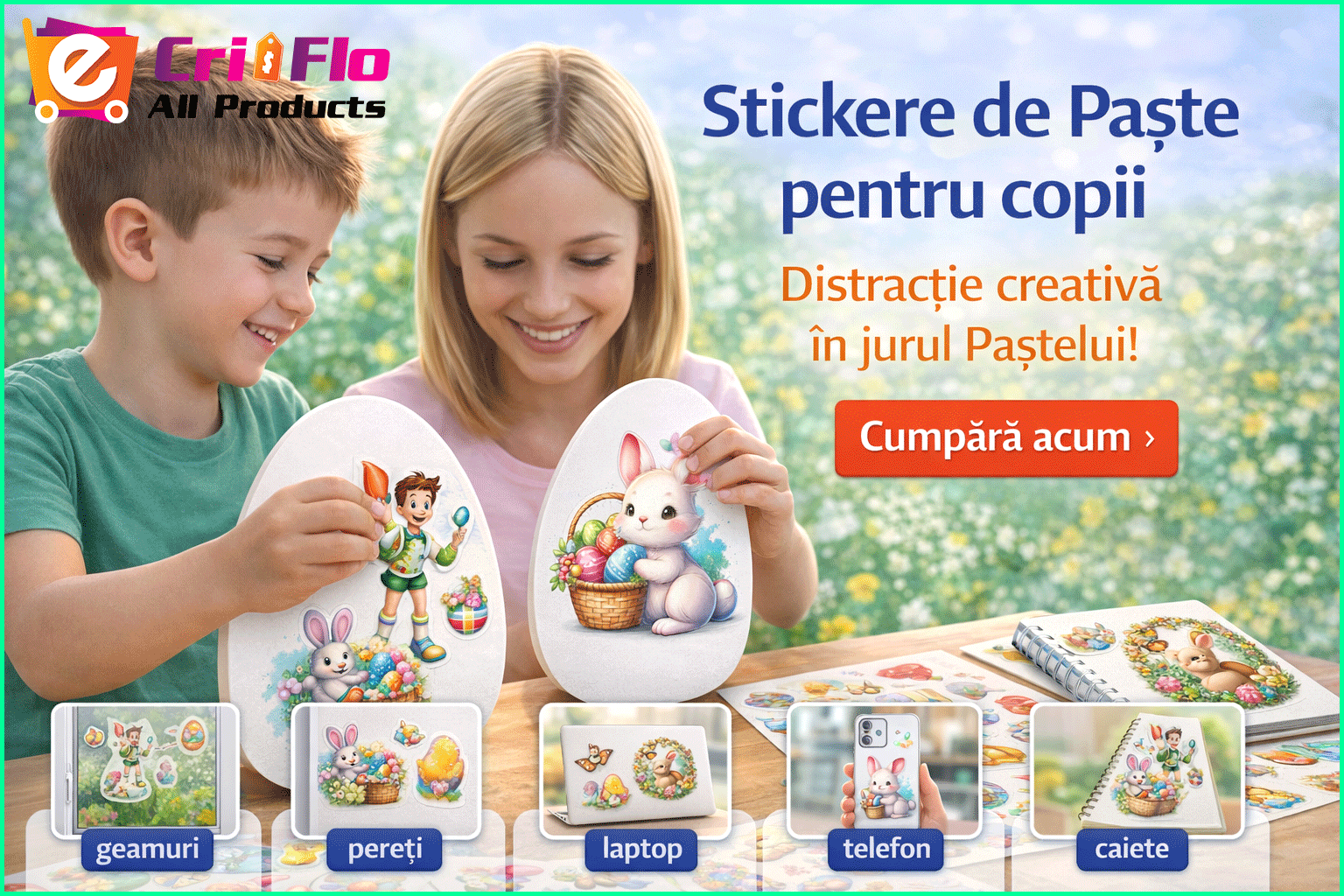 Sticker Paste Gnom Cu Placuta Happy Easter Si Oua Colorate, Autoadeziv, Cri-Flo, dimensiune 10 cm