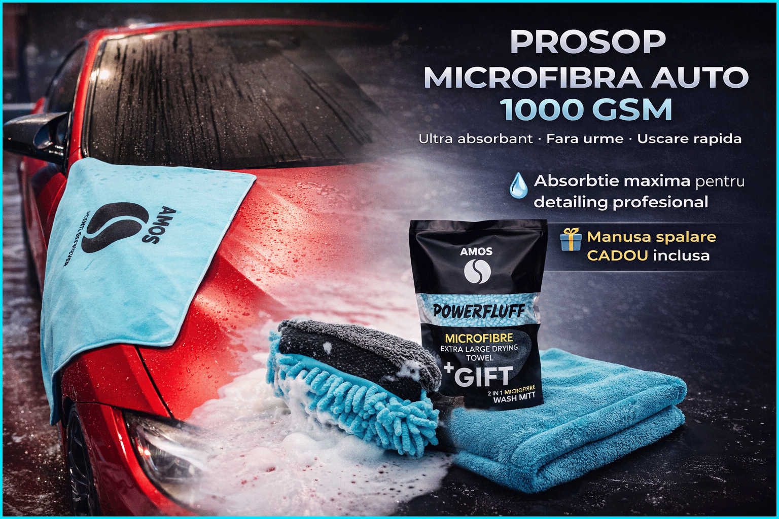Prosop microfibra ultra absorbant auto AMOS Powerfluff 1000 GSM, manusa spalare, material premium, uscare rapida fara urme, culoare Albastru, Dimensiune 60x80 cm