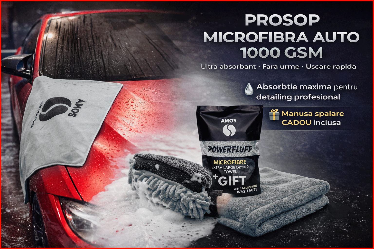 Prosop microfibra ultra absorbant auto AMOS Powerfluff 1000 GSM, manusa spalare, material premium, uscare rapida fara urme, culoare Gri, Dimensiune 60x80 cm