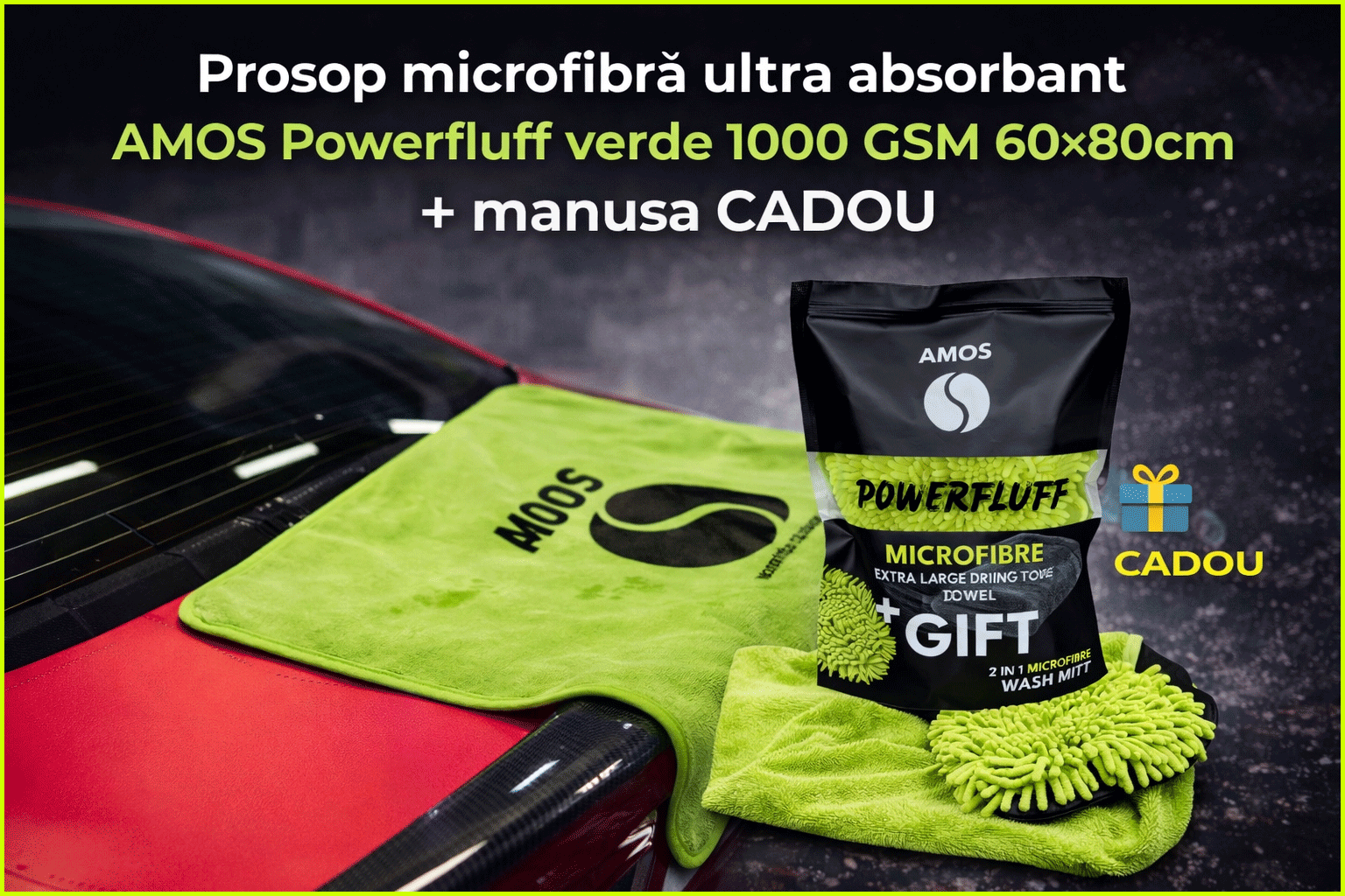 Prosop microfibra ultra absorbant auto AMOS Powerfluff 1000 GSM, manusa spalare, material premium, uscare rapida fara urme, culoare Verde, Dimensiune 60x80 cm