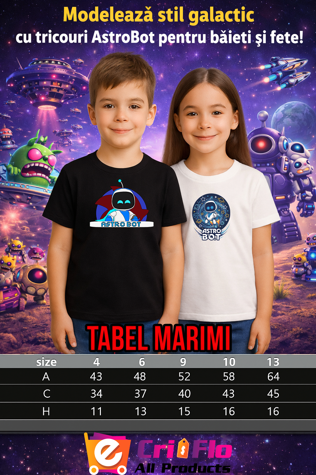 Tricou Astro Bot personaj cu steag stil animat. Copii, 100% Bumbac, Cri-Flo, Culoare Alb, Marime 5-6 ani, 122 CM