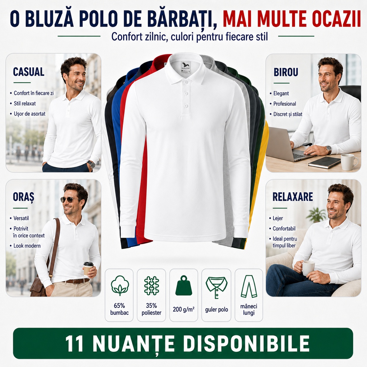 Bluză polo de bărbați pentru mai multe ocazii, casual, birou, oraș și relaxare