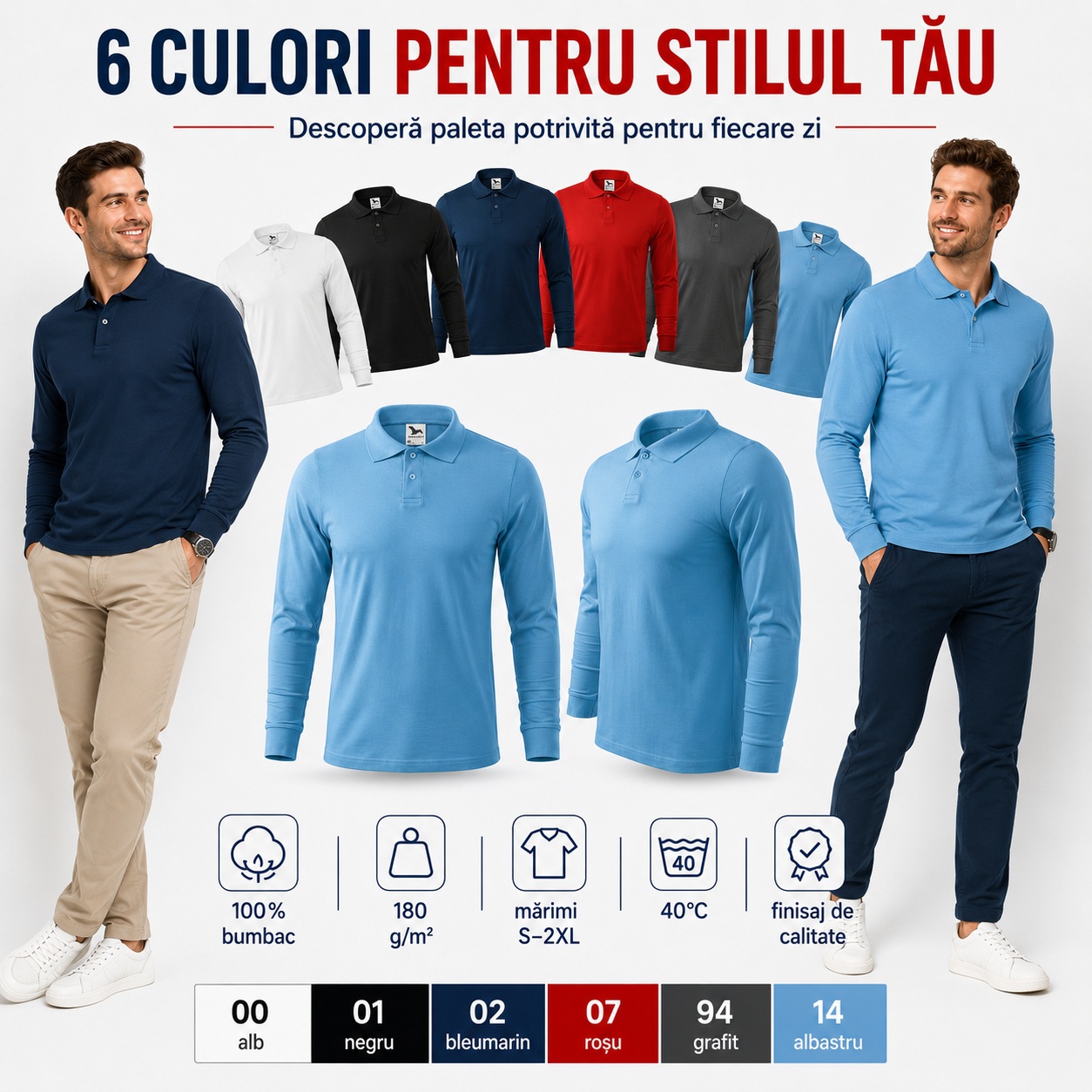 6 culori pentru stilul tău, bluză polo bărbați 100% bumbac