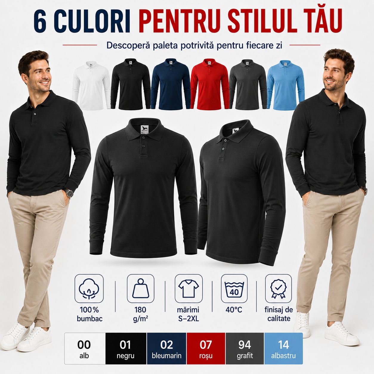 6 culori pentru bluza polo bărbați cu mânecă lungă