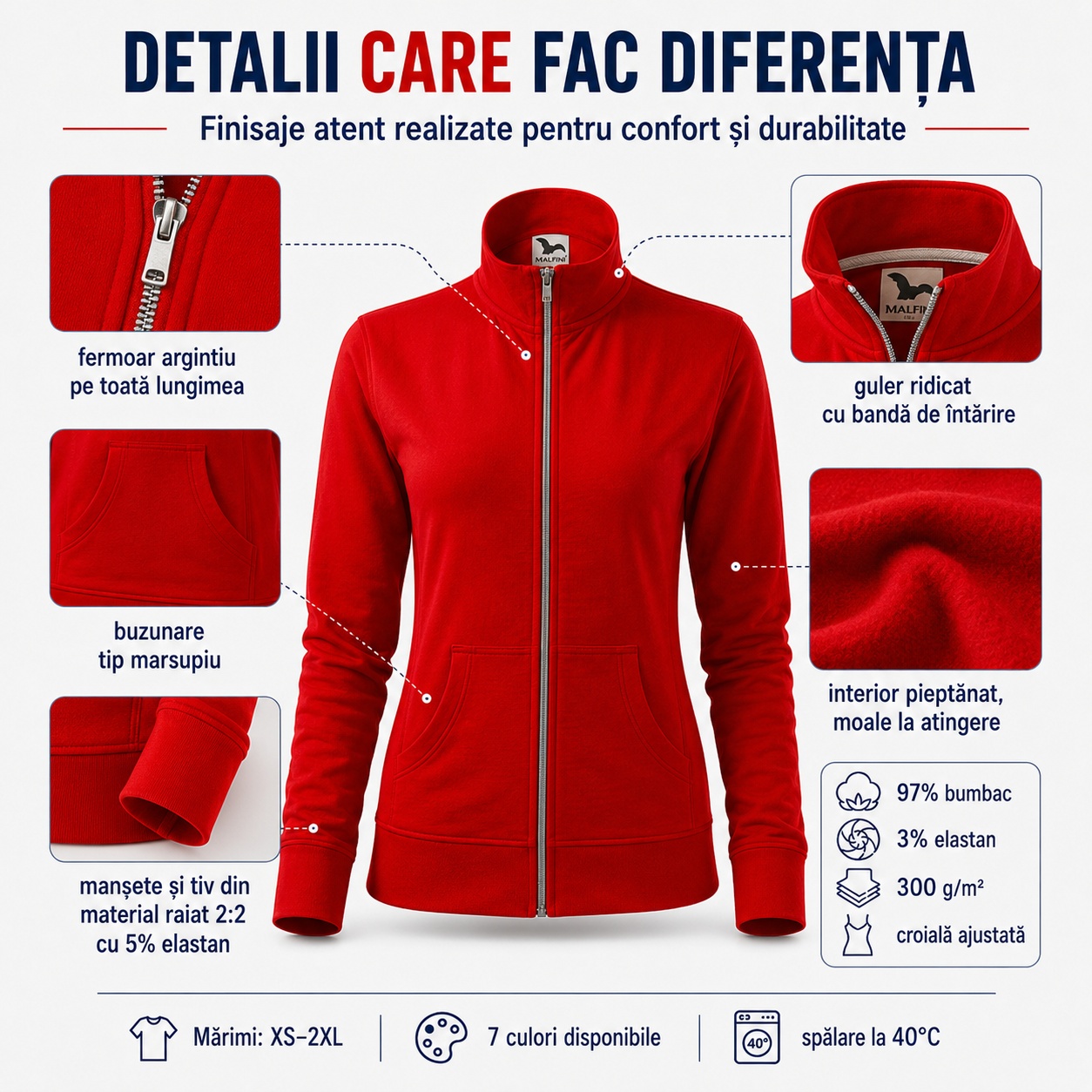 Bluză tip hanorac damă Malfini 409 Viva – utilizare casual, birou, oraș și relaxare