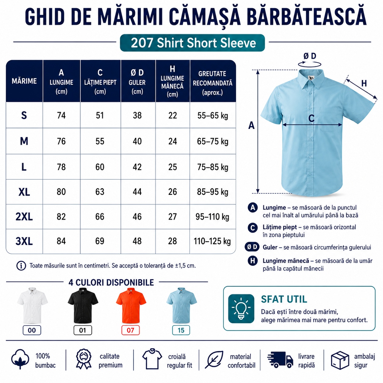 Ghid de mărimi cămașă bărbătească Malfini 207 pentru S, M, L, XL, 2XL și 3XL