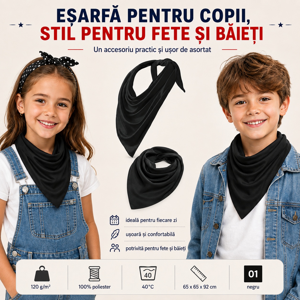 Eșarfă triunghiulară copii unisex Relax 327 neagră din poliester
