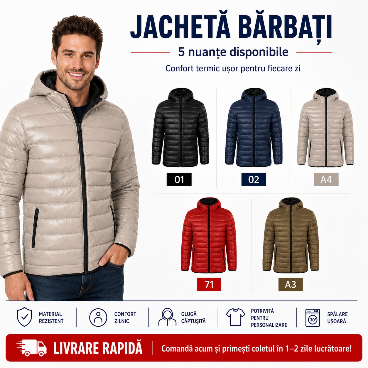Geaca barbati tip jacheta matlasata cu gluga moderna simpla si usoara Everest 552