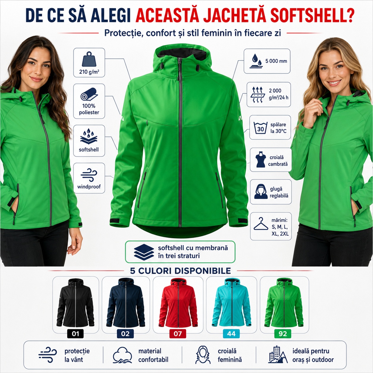 Detalii funcționale jachetă softshell damă Cool 514 cu glugă și fermoare