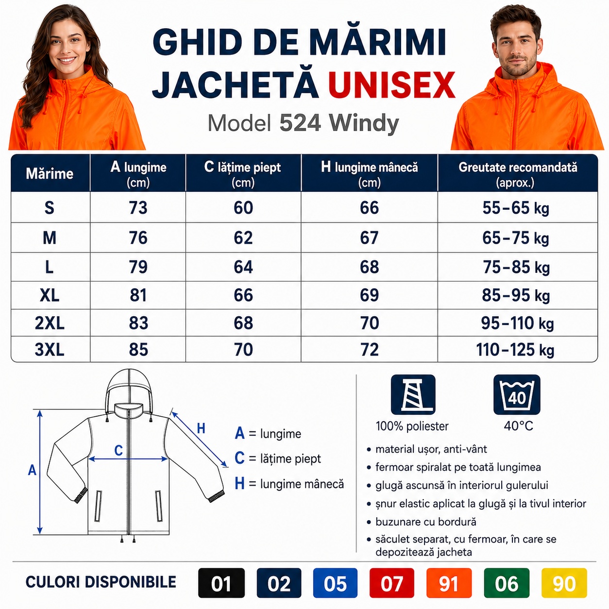 Geacă anti-vânt unisex Windy 524 ușor de purtat și depozitat
