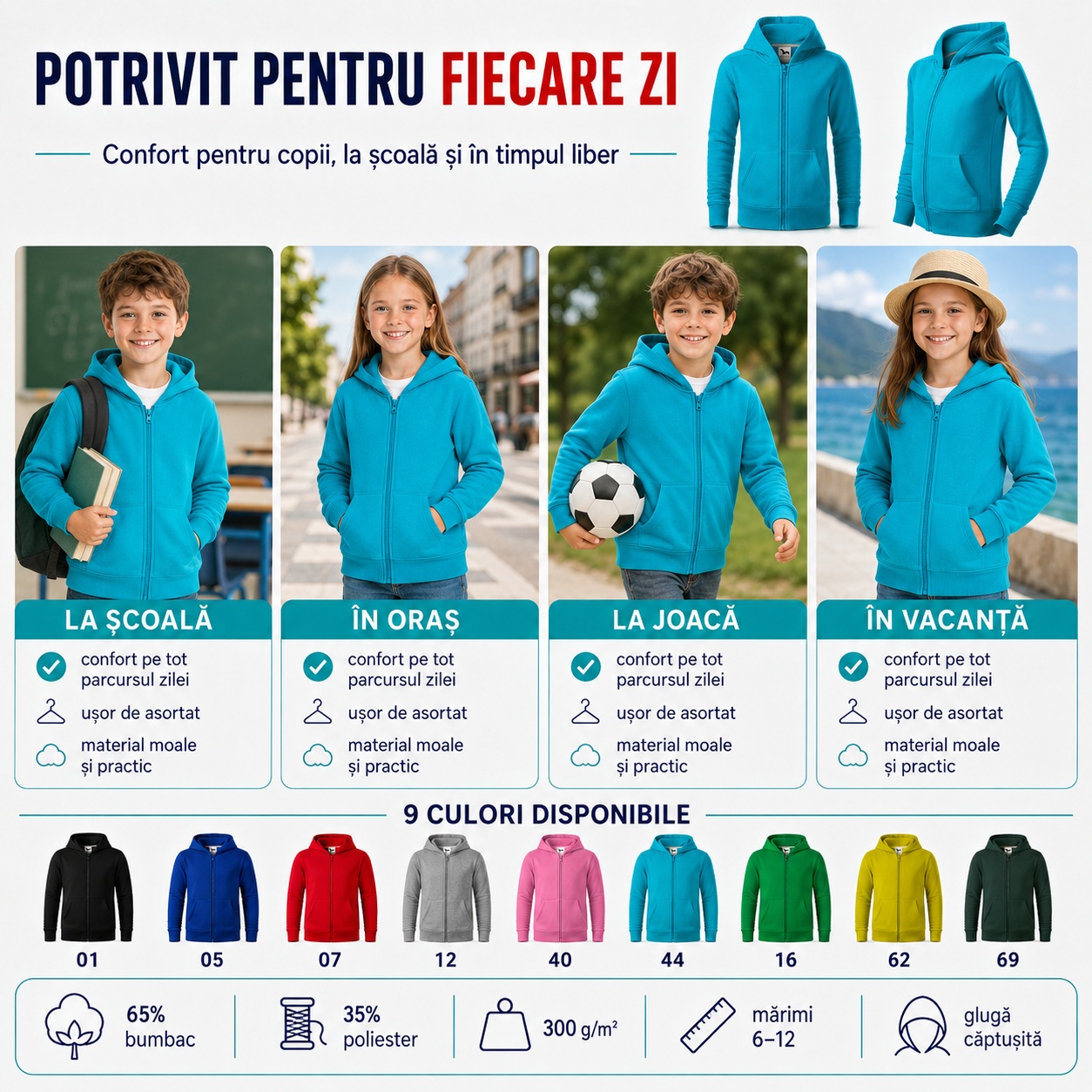 Hanorac copii potrivit la școală, în oraș, la joacă și în vacanță