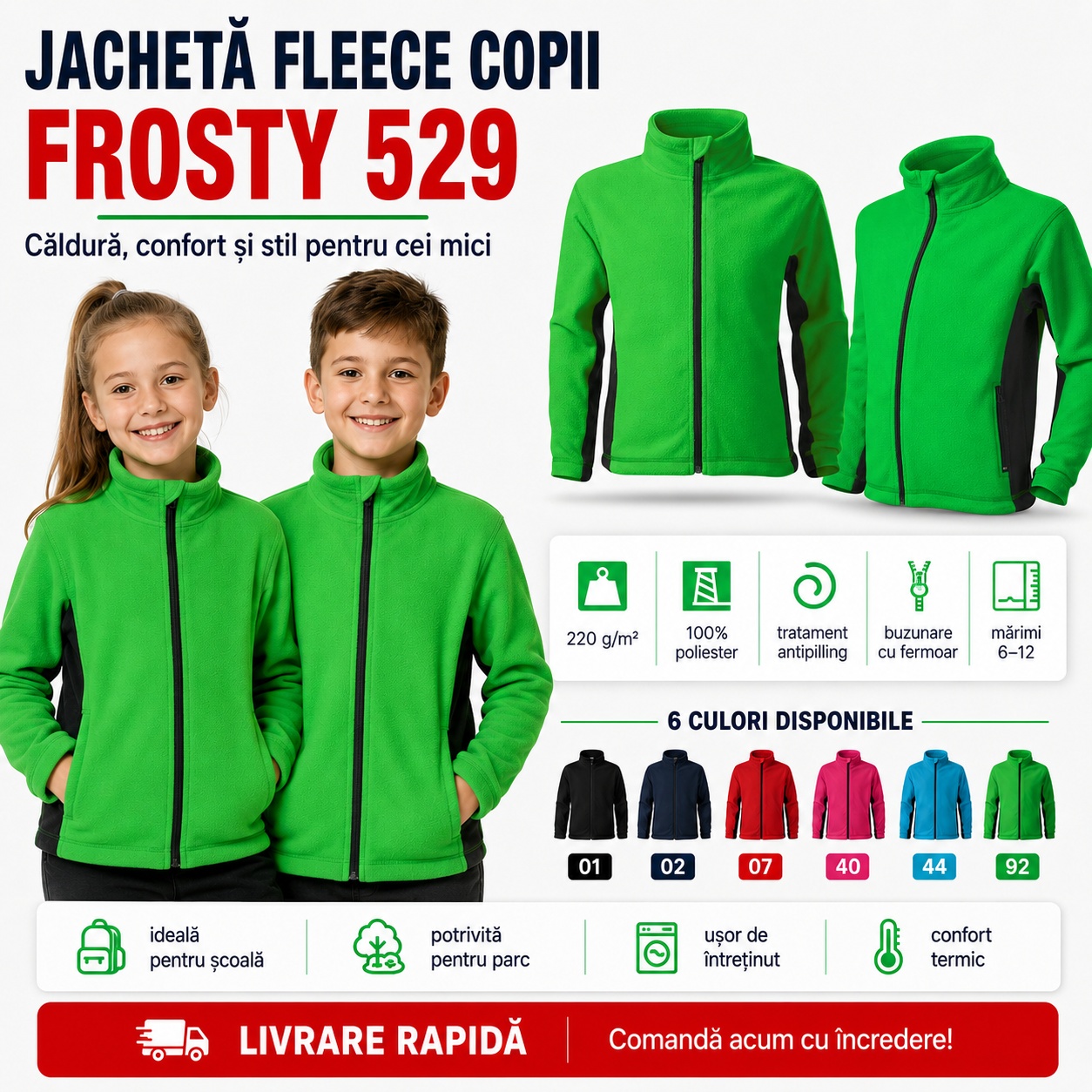 Jacheta fleece copii in sase culori negru bleumarin rosu roz turcoaz verde