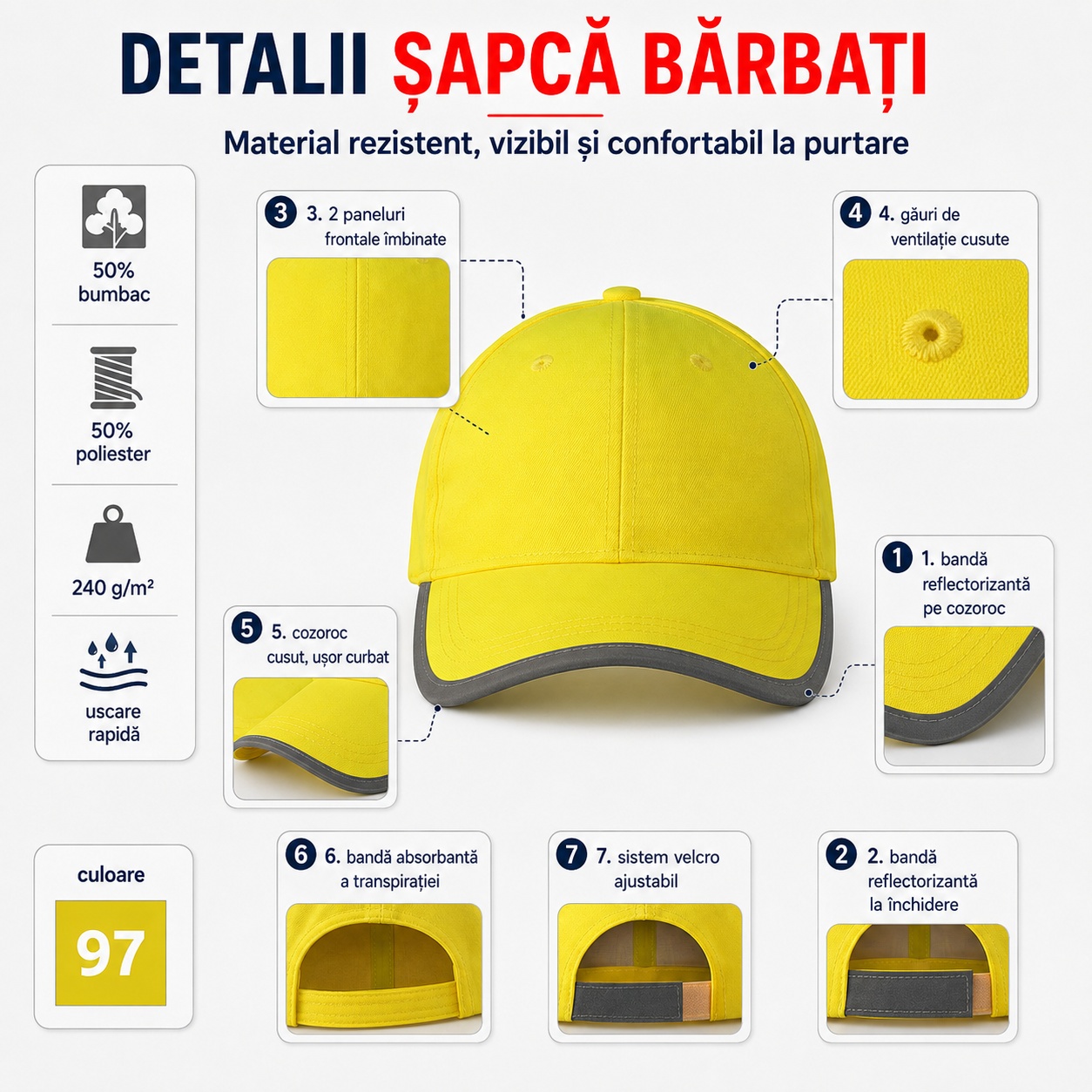 Șapcă fluorescentă HV Reflex pentru lucru, logistică, outdoor și timp liber