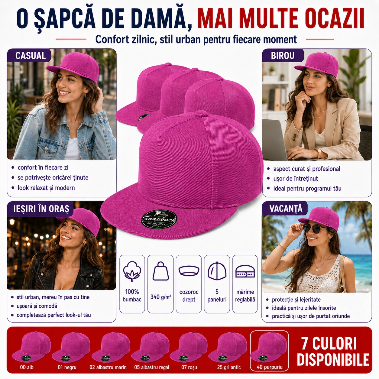 Idei de purtare șapcă damă RAP Șapcă damă RAP potrivită pentru ținute casual, birou, oraș și vacanță