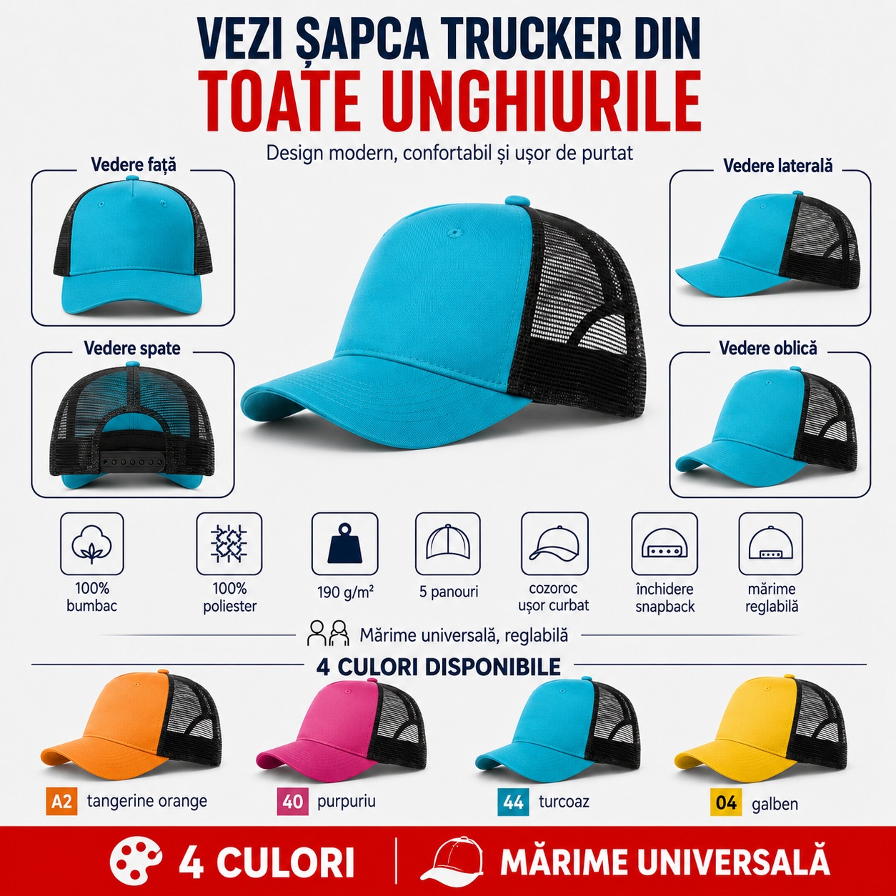 Șapcă trucker pentru bărbați văzută din față, spate, lateral și oblic