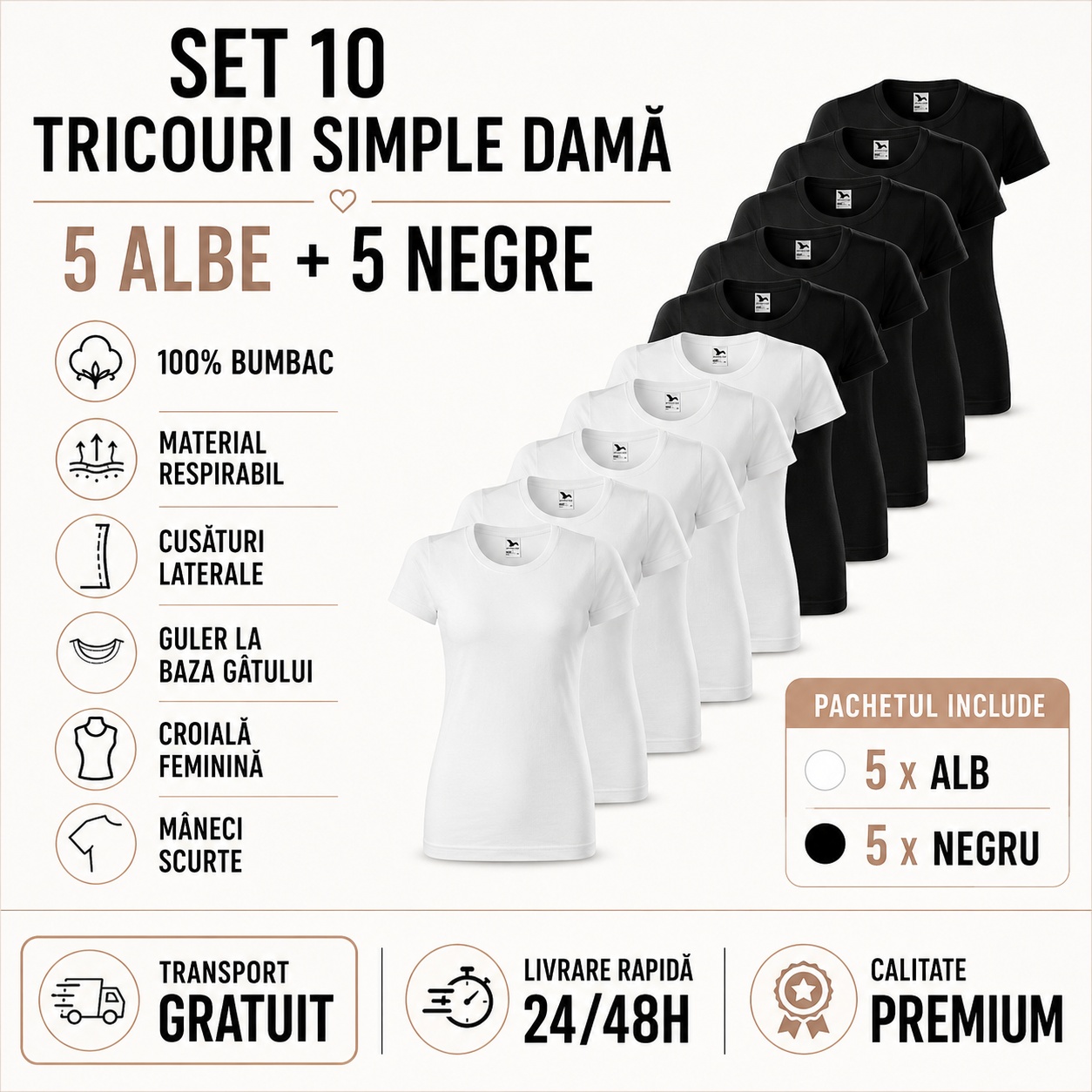 Set 10 tricouri simple damă - 5 albe plus 5 negre