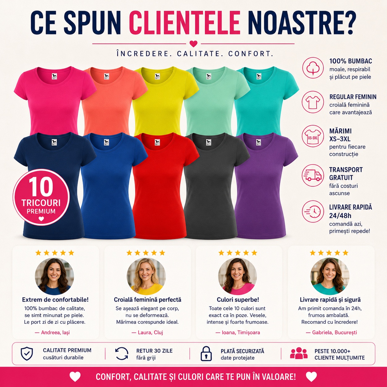 Set 10 tricouri premium damă - transport gratuit Set 10 tricouri premium damă, bumbac 100%, regular fit, transport gratuit și livrare rapidă