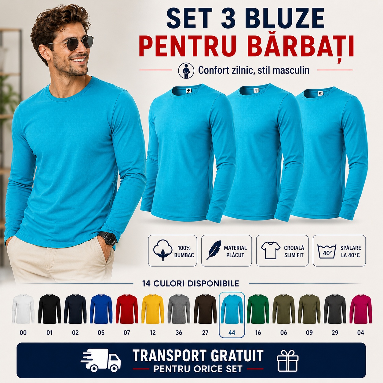 Set 3 bluze bărbați 100% bumbac, mâneci lungi, slim fit, 160 g/m², 14 culori disponibile, transport gratuit pentru orice set