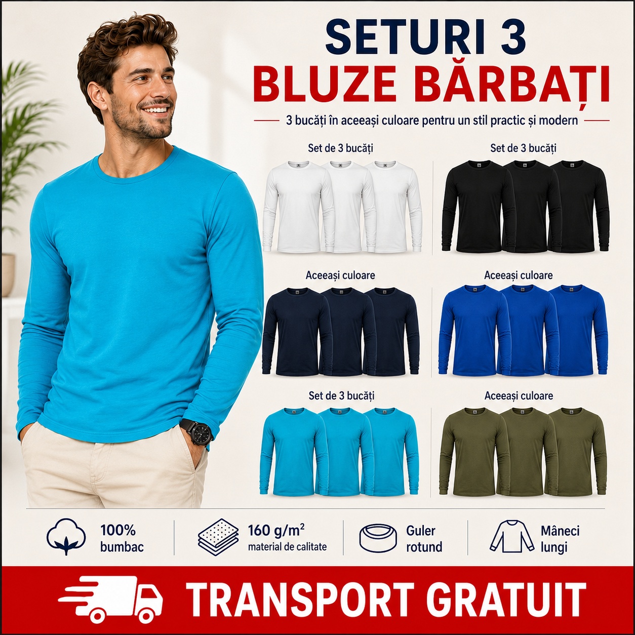 Set 3 bluze bărbați disponibile în 14 culori, alb, negru, albastru marin, albastru regal, roșu, galben, gri, cafea, turcoaz, verde, army, khaki