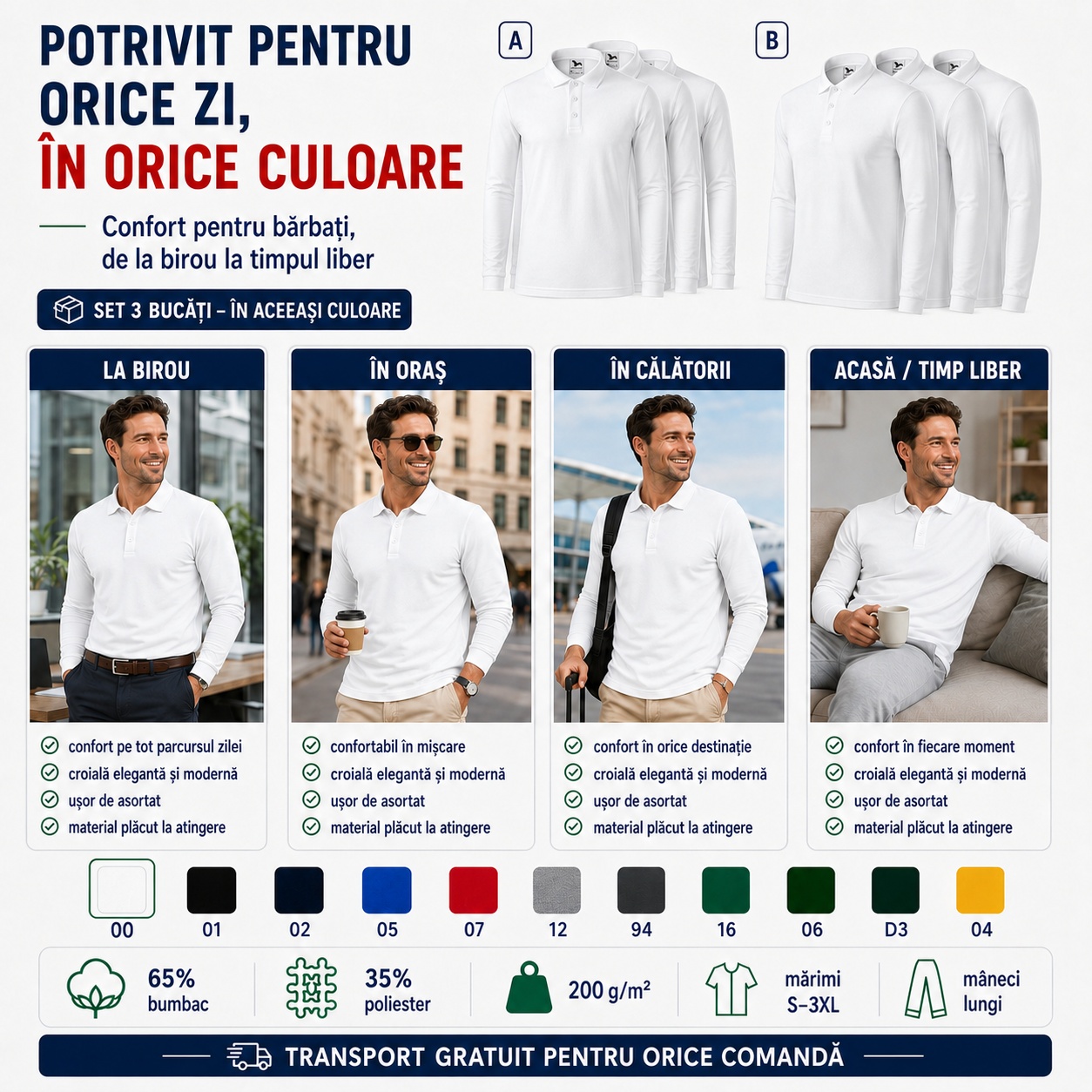 Set 3 bluze polo bărbat potrivit pentru birou, oraș, călătorii și timp liber