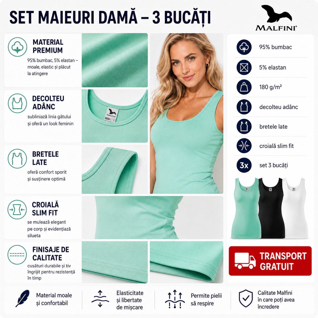 Set maiouri damă 3 bucăți Malfini 95 bumbac 5 elastan 180 g m2