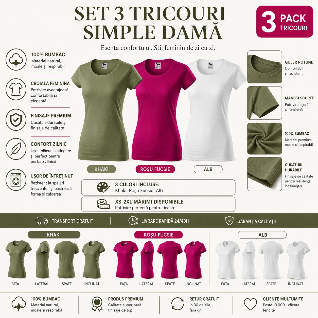 Set 3 tricouri simple damă Viper 161 detalii 100% bumbac