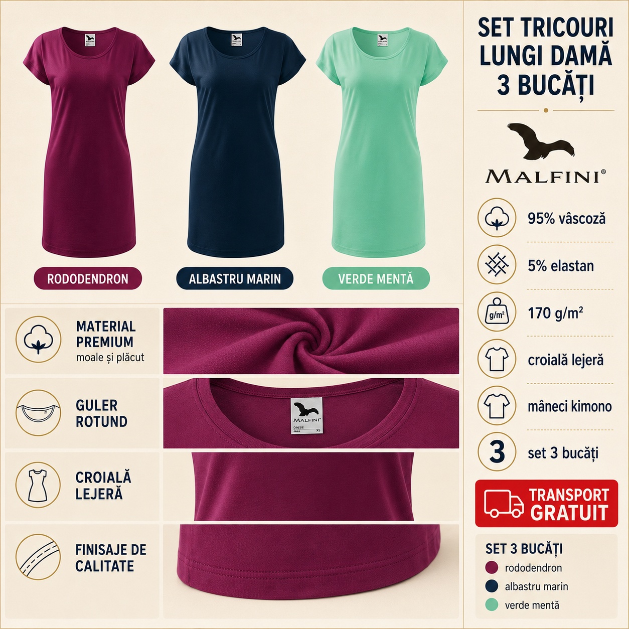 Detalii set tricouri lungi damă Love 123 material 95 vâscoză 5 elastan guler rotund croială lejeră