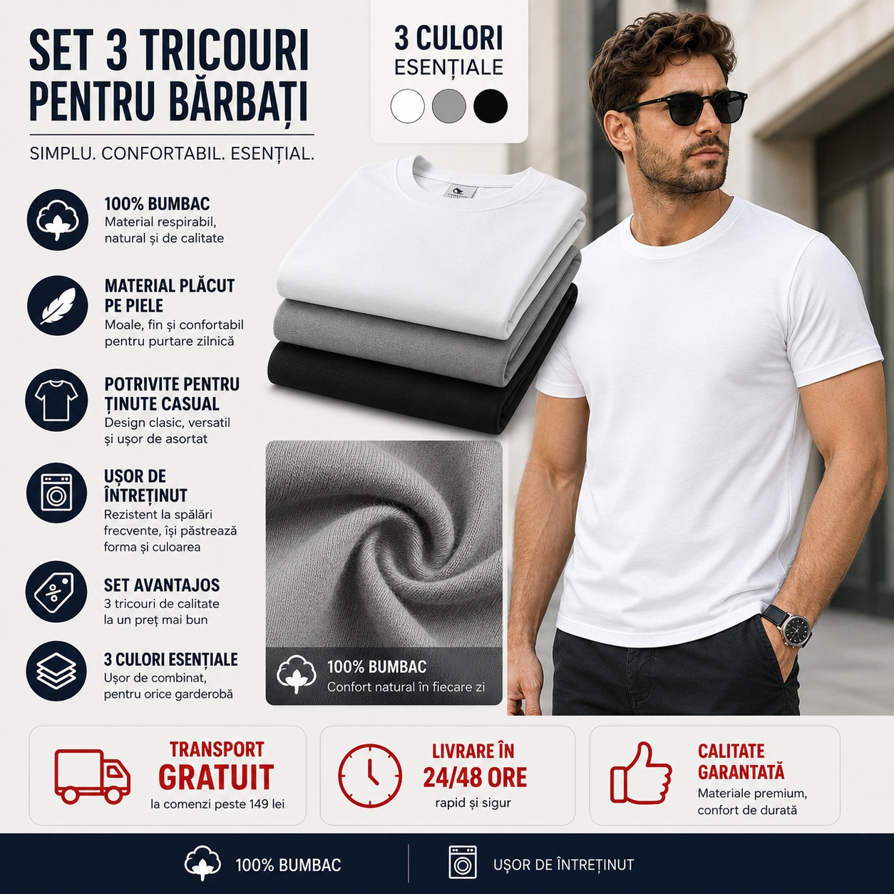 Tricouri Bărbați 100% Bumbac - Material Confortabil Tricouri bărbați 100% bumbac material respirabil alb gri negru