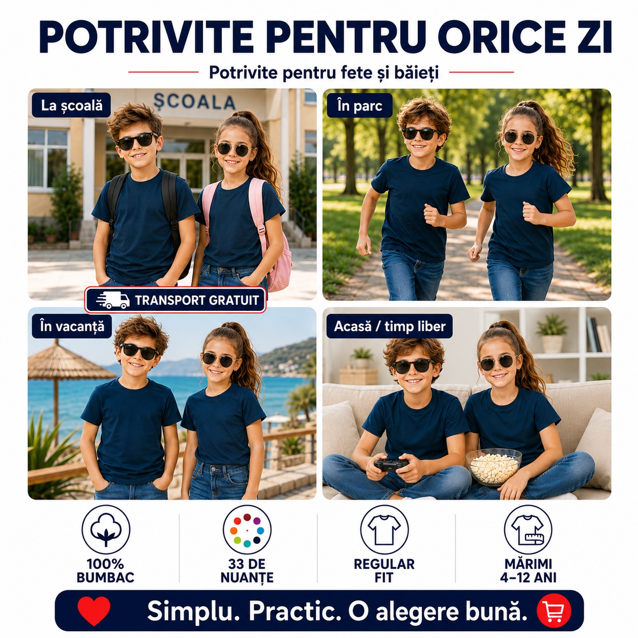 Tricouri copii potrivite pentru orice zi Set 5 tricouri copii potrivite pentru scoala, parc, vacanta si timp liber