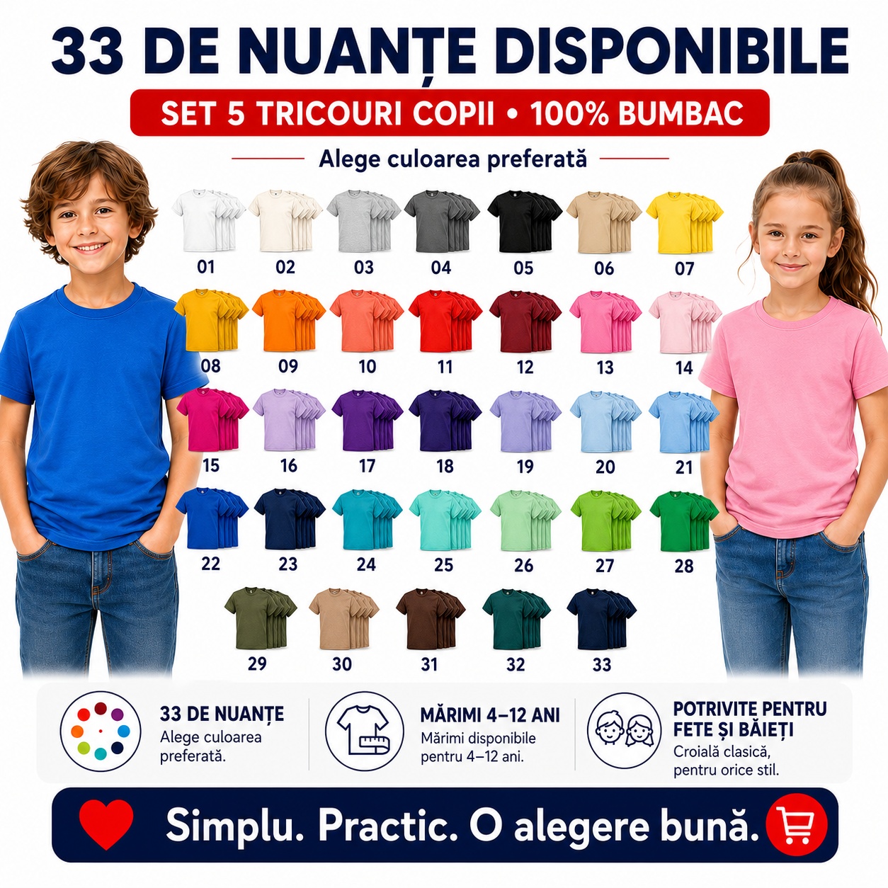 33 de nuanțe disponibile pentru set 5 tricouri copii din bumbac 100%