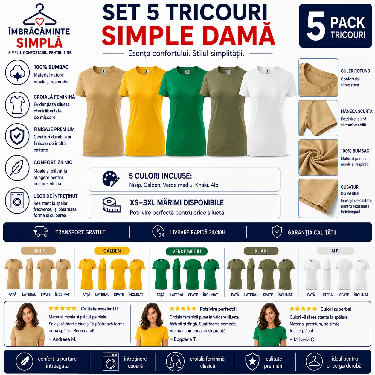 Set 5 tricouri simple damă 100% bumbac culori nisip galben verde mediu khaki alb