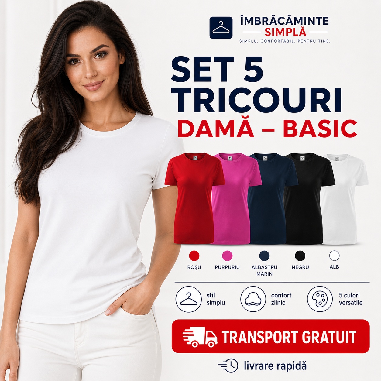 Set 5 tricouri damă basic 100% bumbac transport gratuit livrare rapidă