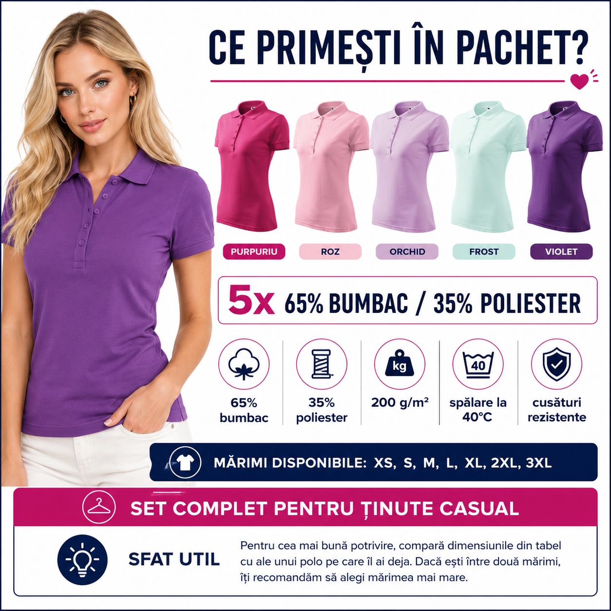 Ce primesti in pachet set 5 tricouri polo dama purpuriu roz orchid frost violet 65 bumbac 35 poliester